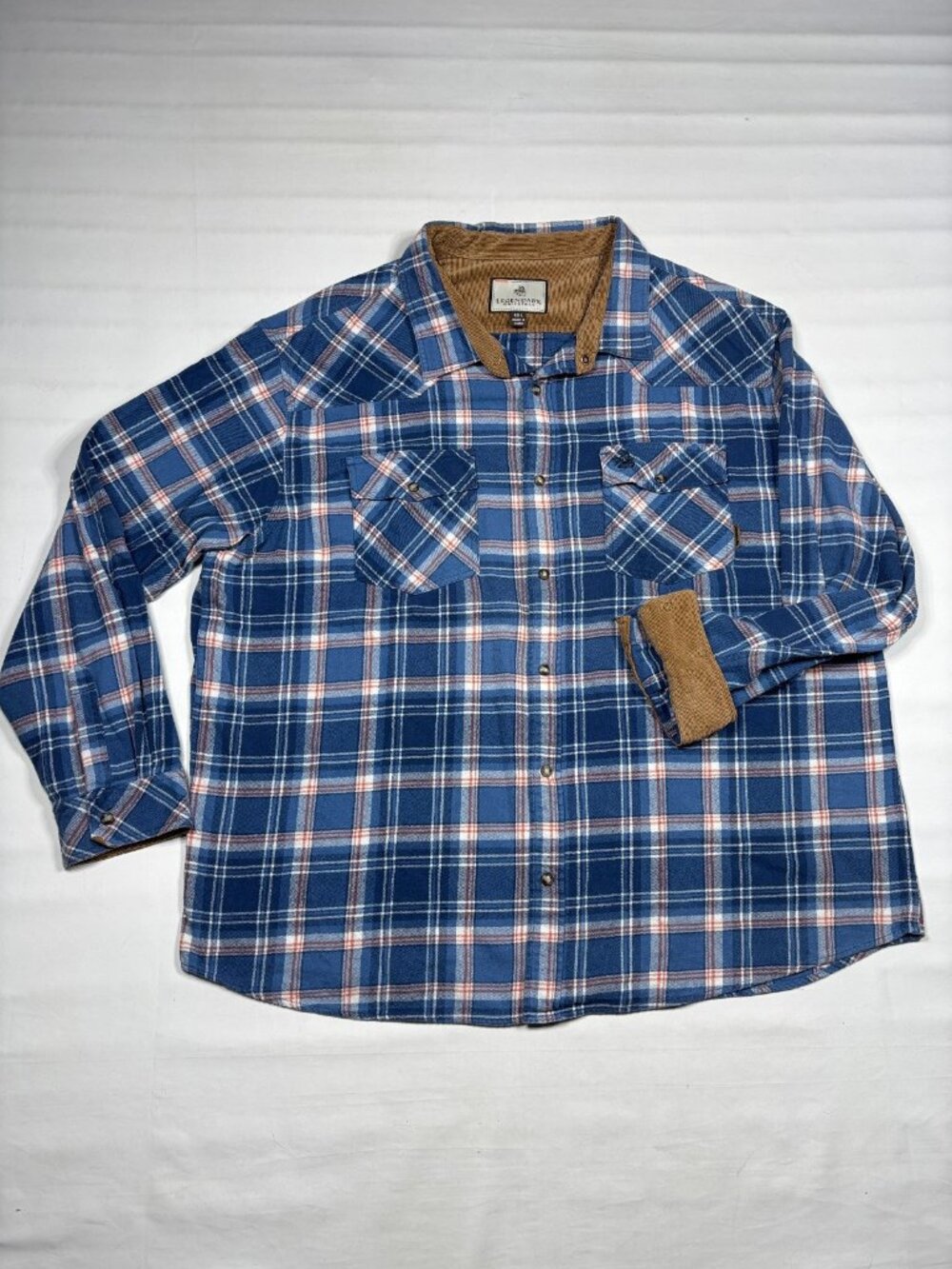 Legendary Whitetails Buck Camp Flannel Shirt Mens 3XL Blue Orange Plaid Flip Cuf